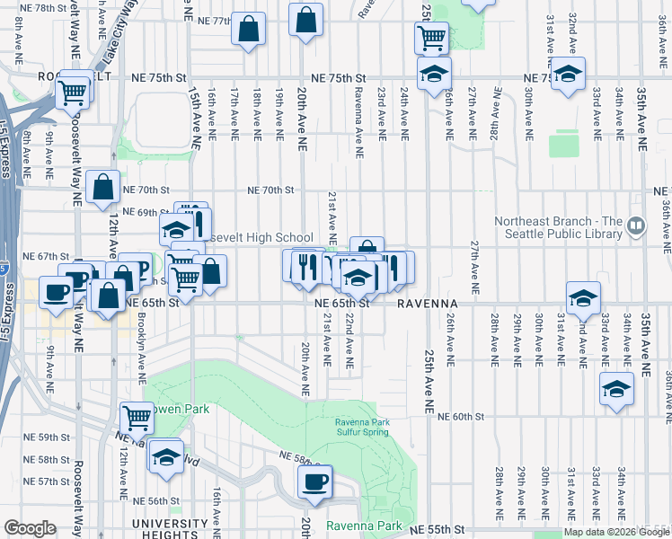 map of restaurants, bars, coffee shops, grocery stores, and more near 2099 Northeast 68th Street in Seattle