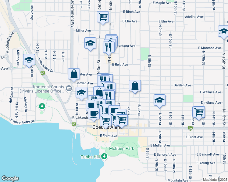 map of restaurants, bars, coffee shops, grocery stores, and more near 411 East Garden Avenue in Coeur d'Alene