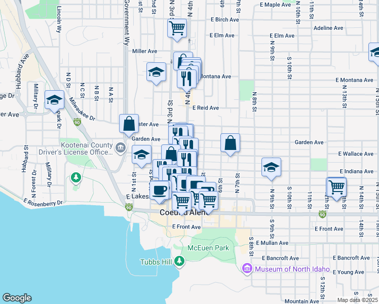 map of restaurants, bars, coffee shops, grocery stores, and more near 411 East Garden Avenue in Coeur d'Alene