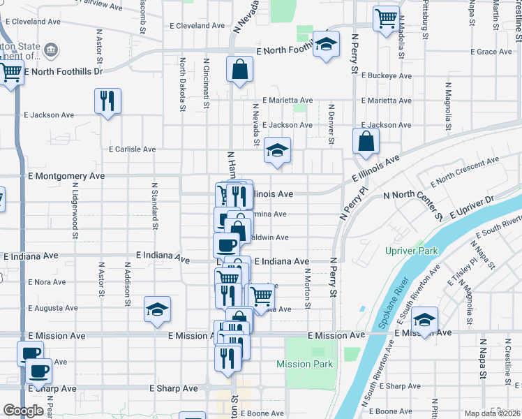map of restaurants, bars, coffee shops, grocery stores, and more near 948 East Illinois Avenue in Spokane