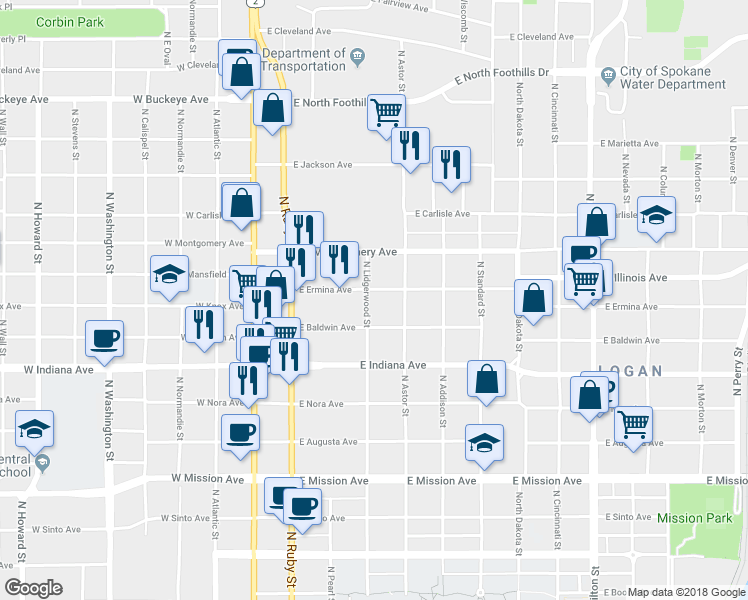 map of restaurants, bars, coffee shops, grocery stores, and more near 227 East Ermina Avenue in Spokane