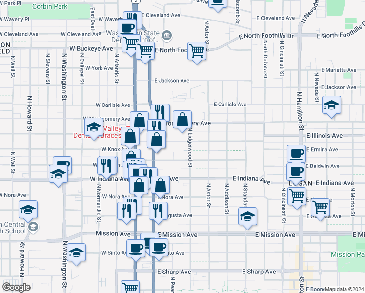 map of restaurants, bars, coffee shops, grocery stores, and more near 227 East Ermina Avenue in Spokane