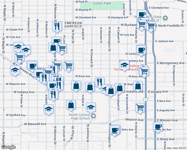 map of restaurants, bars, coffee shops, grocery stores, and more near 523 West Mansfield Avenue in Spokane