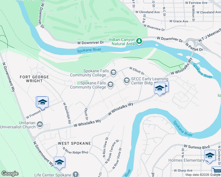 map of restaurants, bars, coffee shops, grocery stores, and more near West Elliott Drive in Spokane