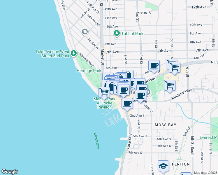 map of restaurants, bars, coffee shops, grocery stores, and more near 310 1st Street in Kirkland
