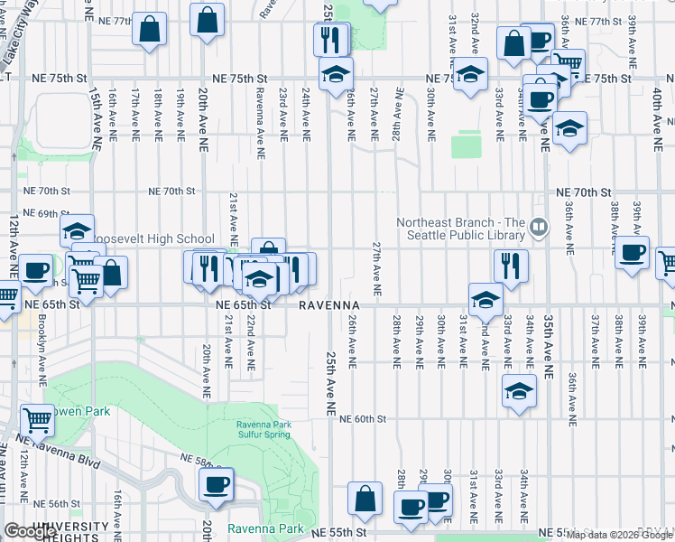 map of restaurants, bars, coffee shops, grocery stores, and more near 6555 25th Avenue Northeast in Seattle