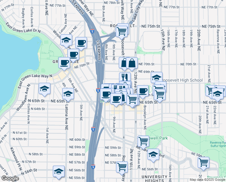 map of restaurants, bars, coffee shops, grocery stores, and more near 822 Northeast 67th Street in Seattle