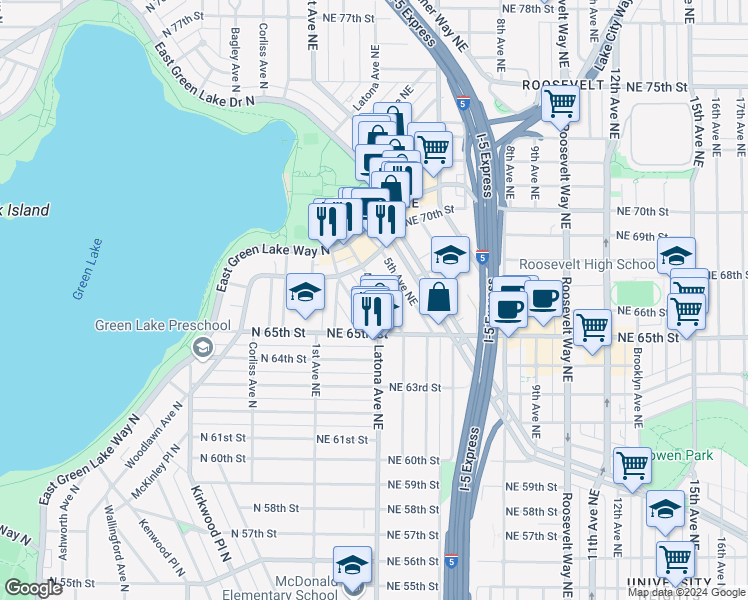 map of restaurants, bars, coffee shops, grocery stores, and more near 6571 5th Avenue Northeast in Seattle