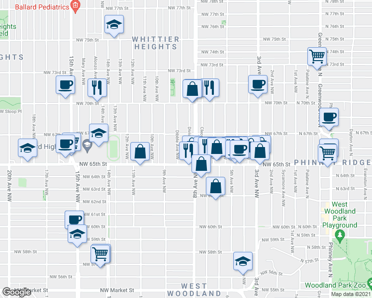 map of restaurants, bars, coffee shops, grocery stores, and more near in Seattle