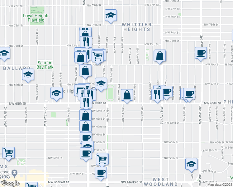 map of restaurants, bars, coffee shops, grocery stores, and more near 1207 Northwest 67th Street in Seattle