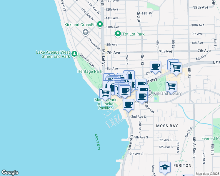 map of restaurants, bars, coffee shops, grocery stores, and more near 310 1st Street in Kirkland