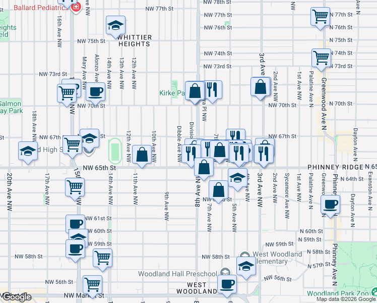 map of restaurants, bars, coffee shops, grocery stores, and more near in Seattle