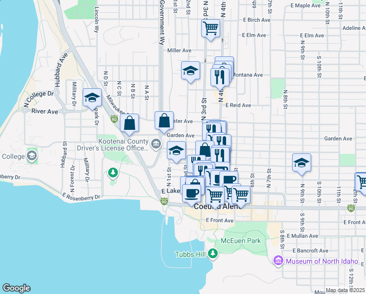 map of restaurants, bars, coffee shops, grocery stores, and more near 517 North 2nd Street in Coeur d'Alene