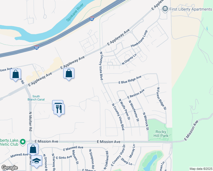 map of restaurants, bars, coffee shops, grocery stores, and more near 2320 North Country Vista Boulevard in Liberty Lake