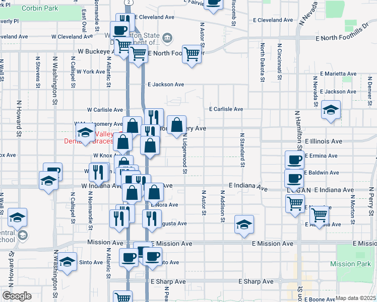 map of restaurants, bars, coffee shops, grocery stores, and more near 302 East Ermina Avenue in Spokane