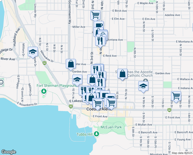 map of restaurants, bars, coffee shops, grocery stores, and more near 315 East Wallace Avenue in Coeur d'Alene