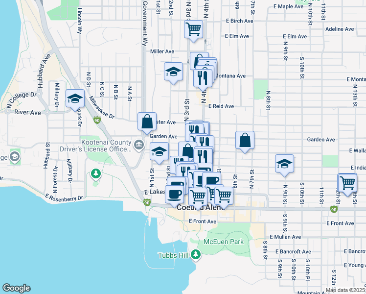 map of restaurants, bars, coffee shops, grocery stores, and more near 302 East Garden Avenue in Coeur d'Alene
