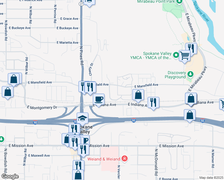 map of restaurants, bars, coffee shops, grocery stores, and more near 2206 North Houk Road in Spokane Valley