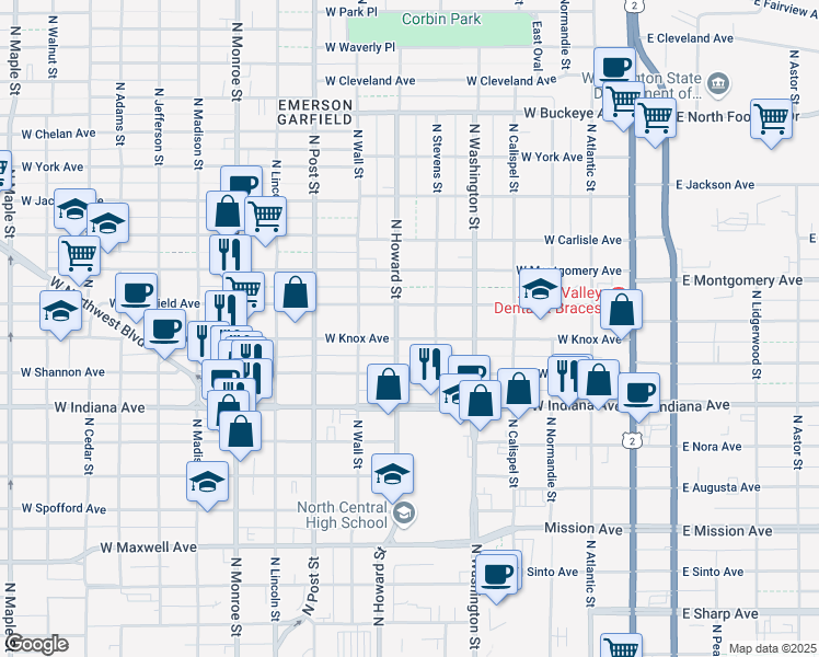 map of restaurants, bars, coffee shops, grocery stores, and more near 523 West Mansfield Avenue in Spokane