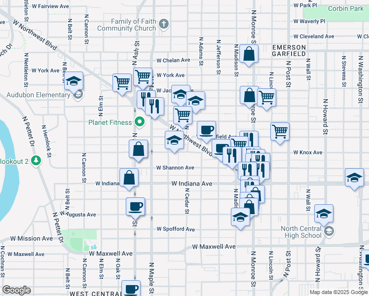 map of restaurants, bars, coffee shops, grocery stores, and more near 1310 West Northwest Boulevard in Spokane