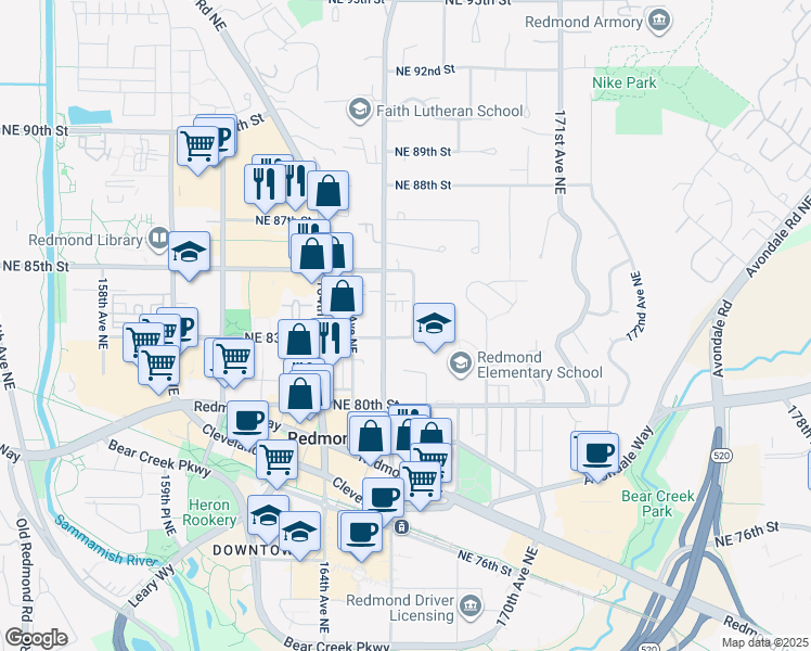 map of restaurants, bars, coffee shops, grocery stores, and more near 8342 167th Avenue Northeast in Redmond