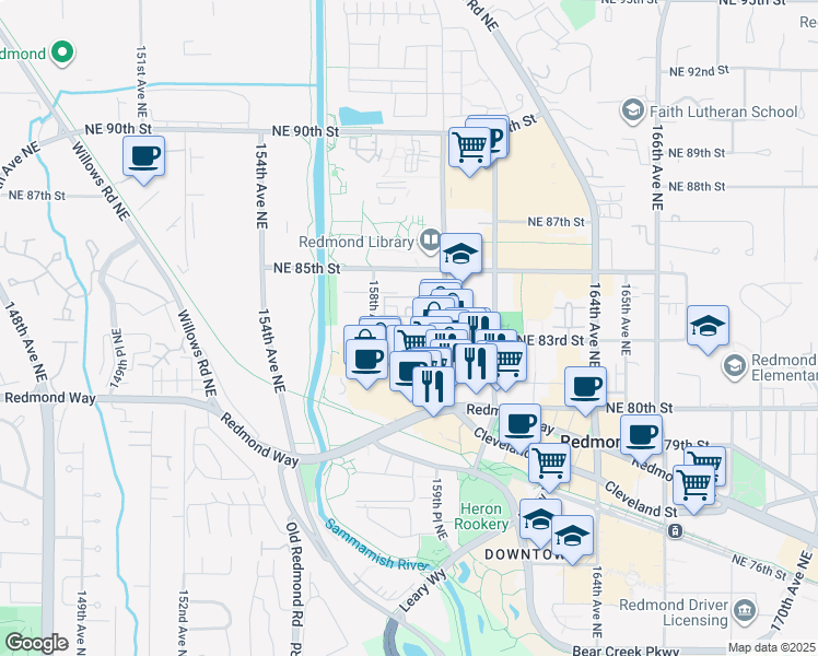 map of restaurants, bars, coffee shops, grocery stores, and more near 15964 Northeast 83rd Way in Redmond