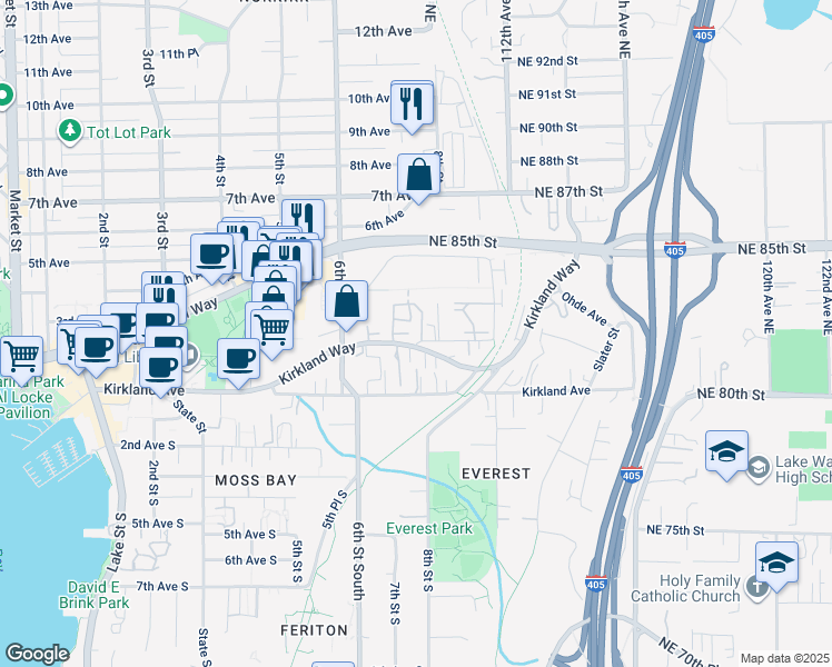 map of restaurants, bars, coffee shops, grocery stores, and more near 742 Kirkland Circle in Kirkland