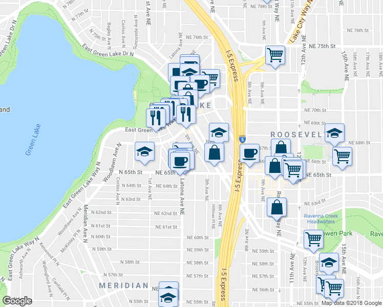 map of restaurants, bars, coffee shops, grocery stores, and more near 6571 5th Avenue Northeast in Seattle