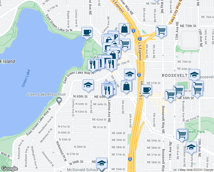 map of restaurants, bars, coffee shops, grocery stores, and more near in Seattle