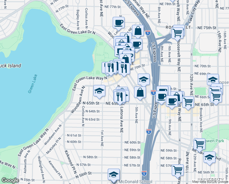 map of restaurants, bars, coffee shops, grocery stores, and more near in Seattle
