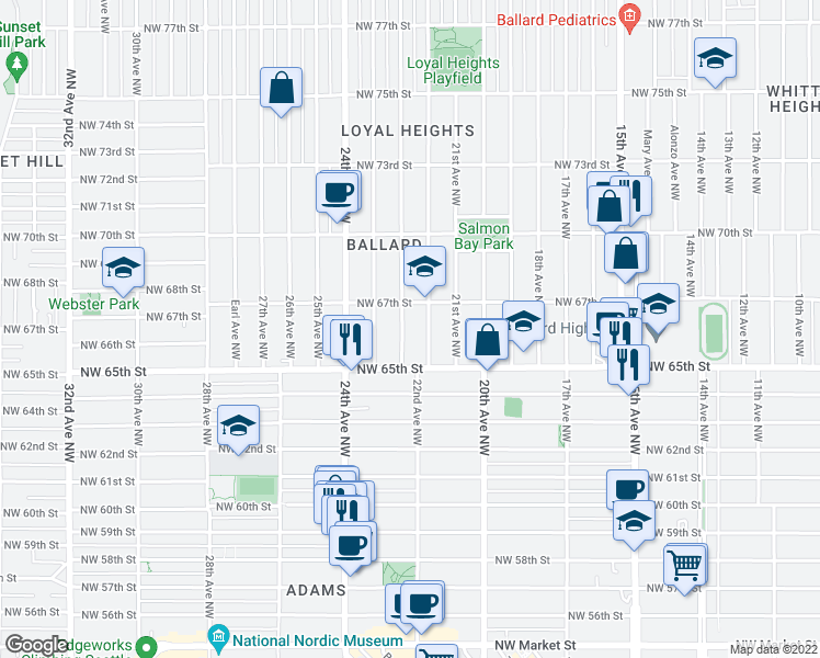 map of restaurants, bars, coffee shops, grocery stores, and more near 2213 Northwest 67th Street in Seattle