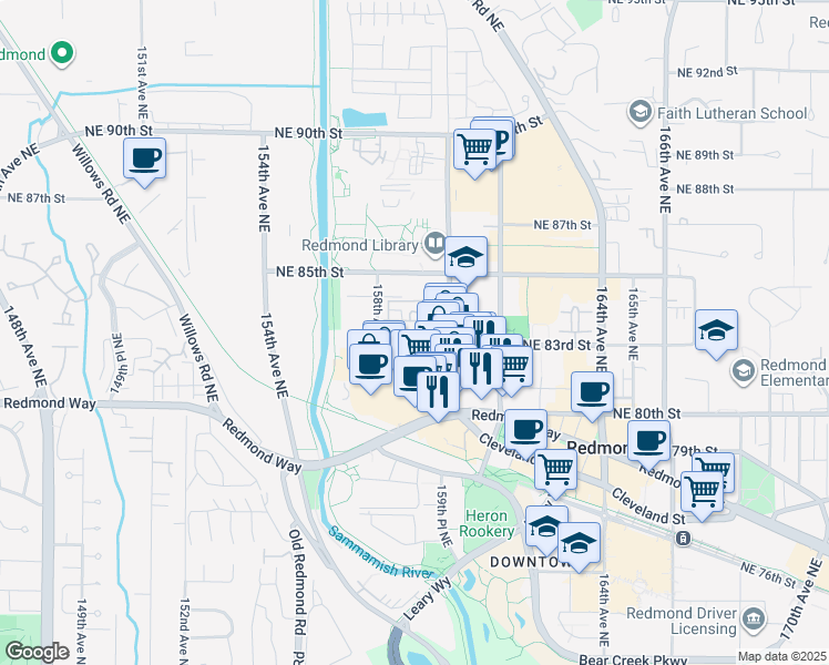 map of restaurants, bars, coffee shops, grocery stores, and more near 15900 Northeast 83rd Street in Redmond