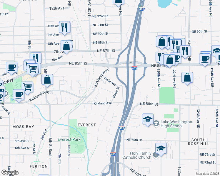 map of restaurants, bars, coffee shops, grocery stores, and more near 11446 Ohde Avenue in Kirkland