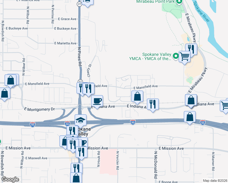map of restaurants, bars, coffee shops, grocery stores, and more near 12820 East Mansfield Avenue in Spokane Valley