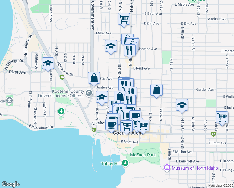 map of restaurants, bars, coffee shops, grocery stores, and more near 505 North 3rd Street in Coeur d'Alene