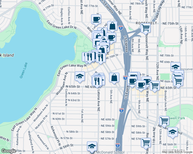 map of restaurants, bars, coffee shops, grocery stores, and more near 6547 4th Avenue Northeast in Seattle