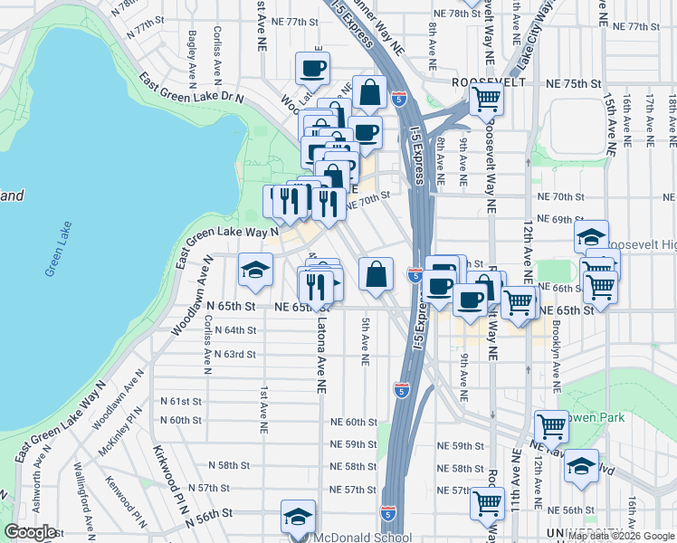 map of restaurants, bars, coffee shops, grocery stores, and more near 6571 5th Avenue Northeast in Seattle