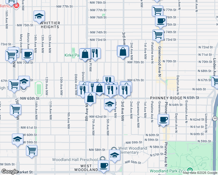 map of restaurants, bars, coffee shops, grocery stores, and more near 6550 5th Avenue Northwest in Seattle