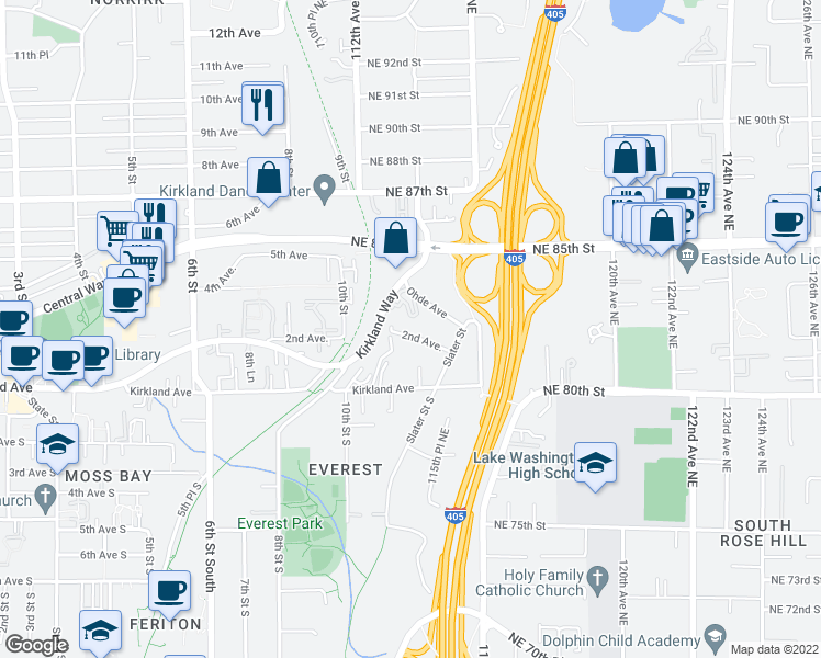 map of restaurants, bars, coffee shops, grocery stores, and more near 11318 Ohde Circle in Kirkland