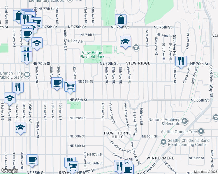 map of restaurants, bars, coffee shops, grocery stores, and more near 6556 46th Avenue Northeast in Seattle