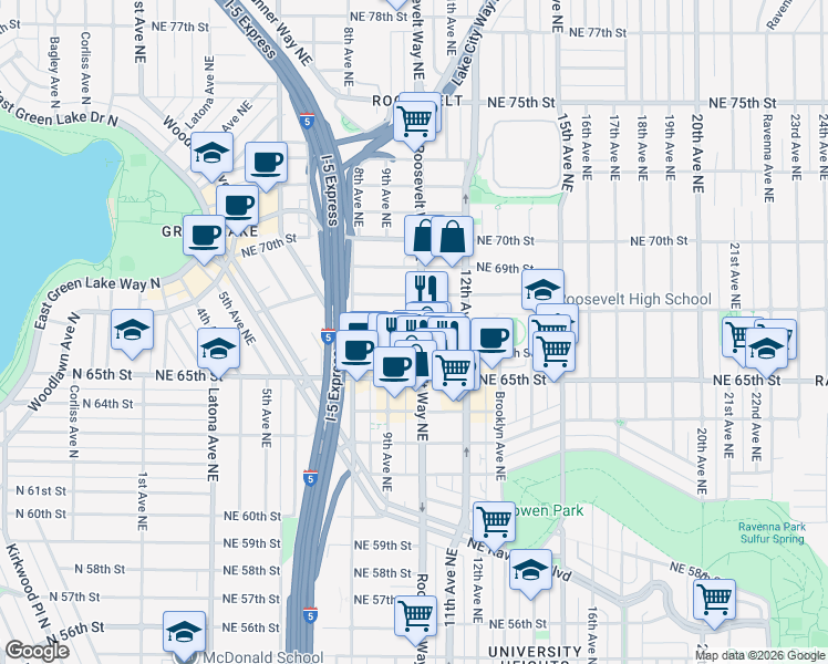 map of restaurants, bars, coffee shops, grocery stores, and more near 858 Northeast 67th Street in Seattle