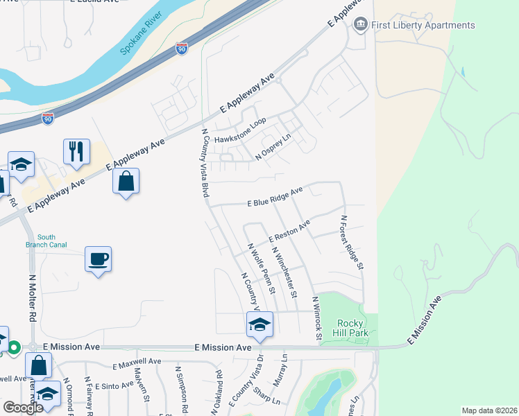 map of restaurants, bars, coffee shops, grocery stores, and more near 2172 North Winchester Street in Liberty Lake