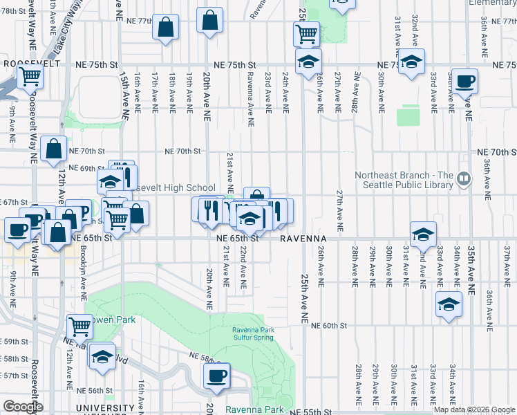 map of restaurants, bars, coffee shops, grocery stores, and more near 6555 Ravenna Avenue Northeast in Seattle