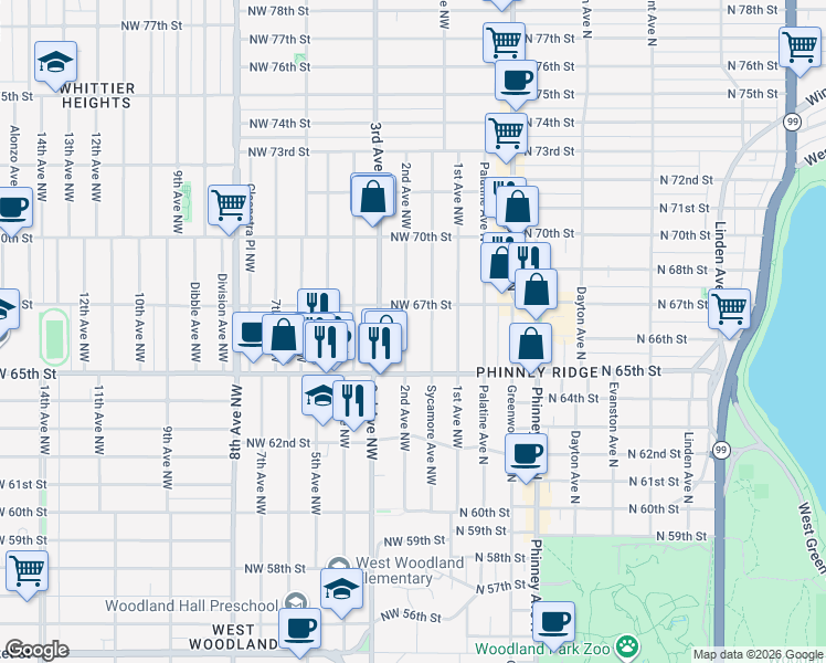 map of restaurants, bars, coffee shops, grocery stores, and more near 6553 2nd Avenue Northwest in Seattle