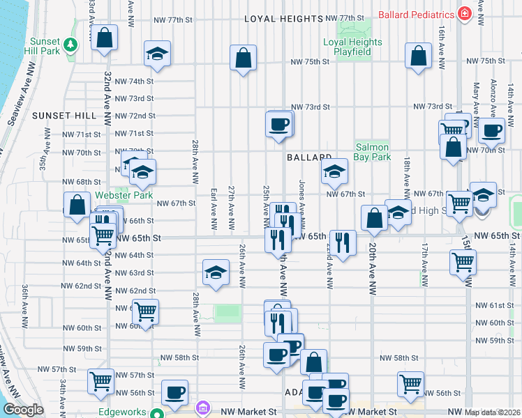 map of restaurants, bars, coffee shops, grocery stores, and more near 6554 26th Avenue Northwest in Seattle
