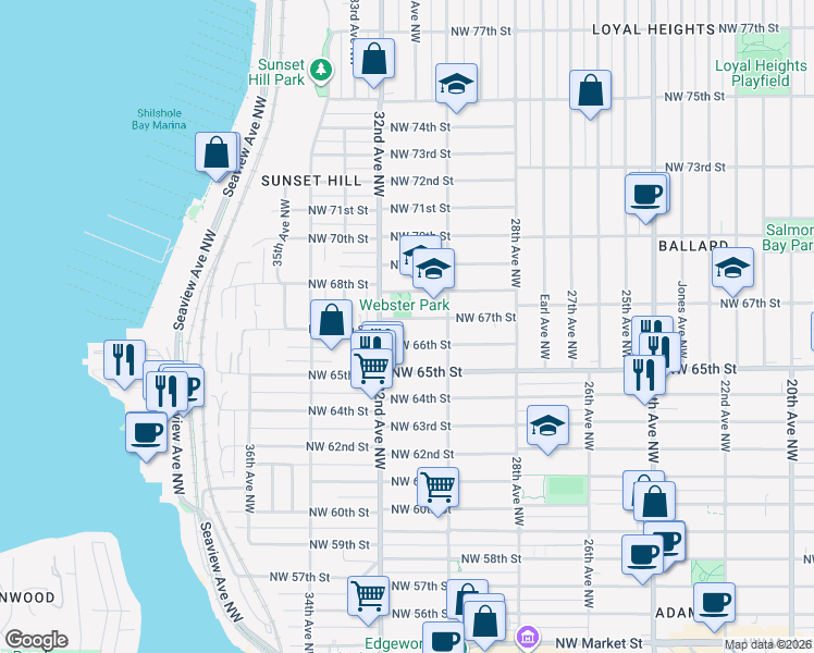 map of restaurants, bars, coffee shops, grocery stores, and more near 3025 Northwest 68th Street in Seattle
