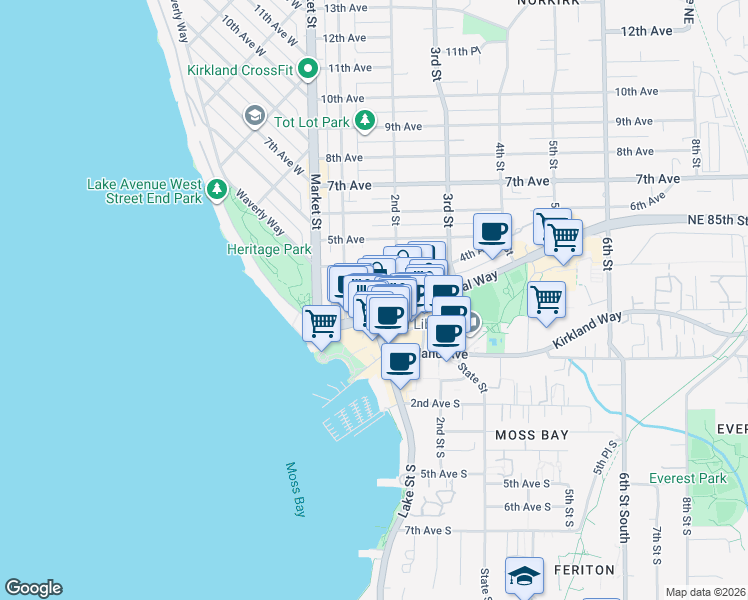 map of restaurants, bars, coffee shops, grocery stores, and more near in Kirkland