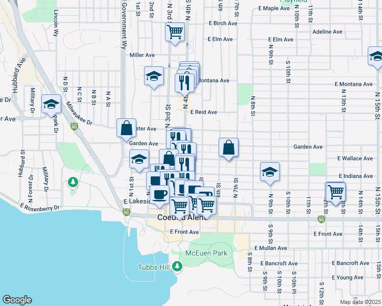 map of restaurants, bars, coffee shops, grocery stores, and more near 411 East Garden Avenue in Coeur d'Alene