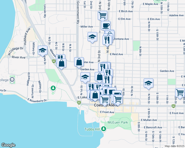 map of restaurants, bars, coffee shops, grocery stores, and more near 517 North 2nd Street in Coeur d'Alene