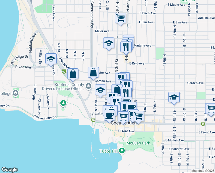 map of restaurants, bars, coffee shops, grocery stores, and more near 517 North 2nd Street in Coeur d'Alene